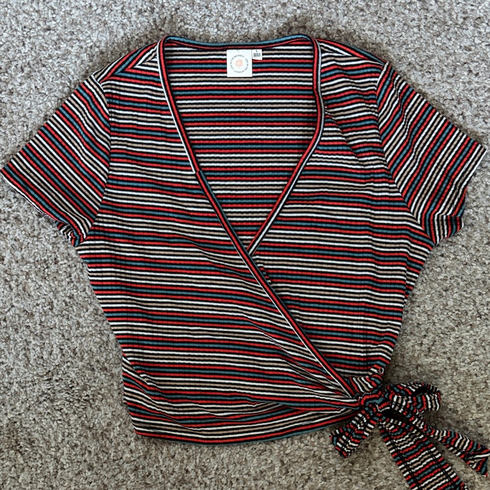 Striped Wrap Crop Top in Black, Red & Gray